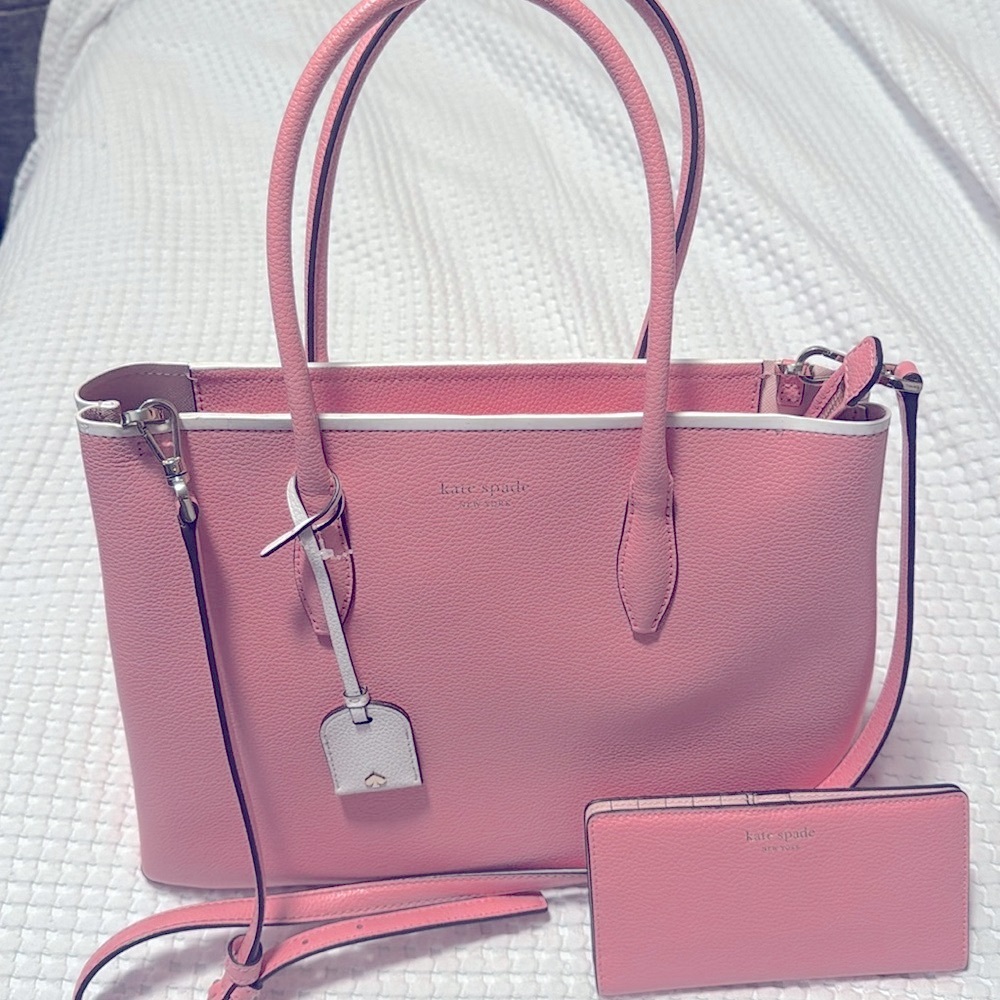New Kate Spade tote, pink white trim includes matching pink wallet, large bag